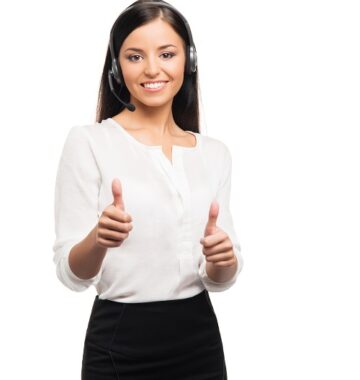 Young, confident and beautiful customer support operator isolated on white